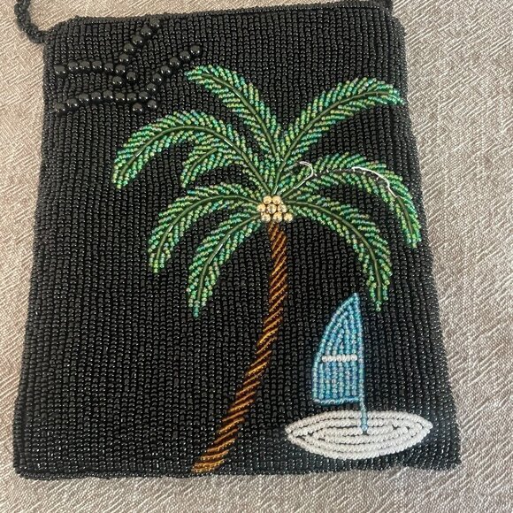 Beaded Tropical Crossbody Purse with Palm Tree Black 7" x 6" Flawed! - Picture 2 of 6